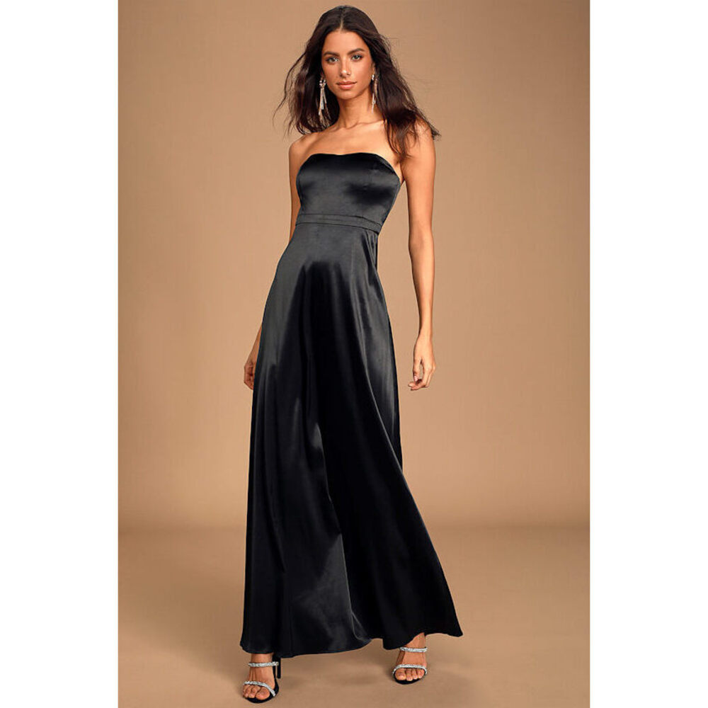 Lulus These Are The Nights Black Satin Strapless Maxi Dress - Size S